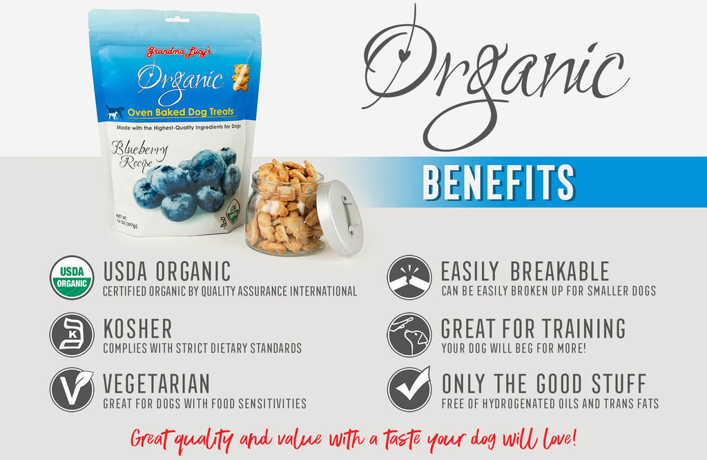 Organic Benefits: USDA Organic, Kosher, Vegetarian, Easily Breakable, Great for training, Only the good stuff, Great quality and value with a taste your dog will love!