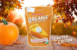 Limited edition organic pumpkin pie oven-baked dog treats by Grandma Lucys, showcased in a fall outdoor setting. 