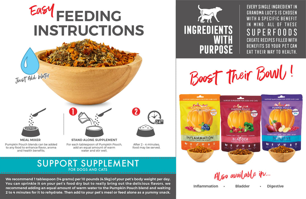 Feeding Instructions: Meal Mixer: Pumpkin Pouch blends can be added to any food to enhance flavor, aroma and health benefits. Stand alone supplement: For each tablespoon of Pumpkin Pouch, add an equal amount of warm water and stir well. After 2-4 minutes, food may be served. Support Supplement for dogs and cats. Boost their bowl!