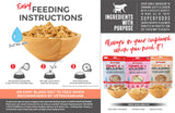 Feeding Instructions: Mix contents of bag with 3 cups (710mL) of boiling water. Stir well, cover and let stand for 10 minutes. Feed veterinarian recommended amounts. An easy bland diet to feed when recommended by veterinarians. Always in your cupboard when you need it. Available in Chicken and Rice, Pork, Rice and Pumpkin, Salmon and Rice.