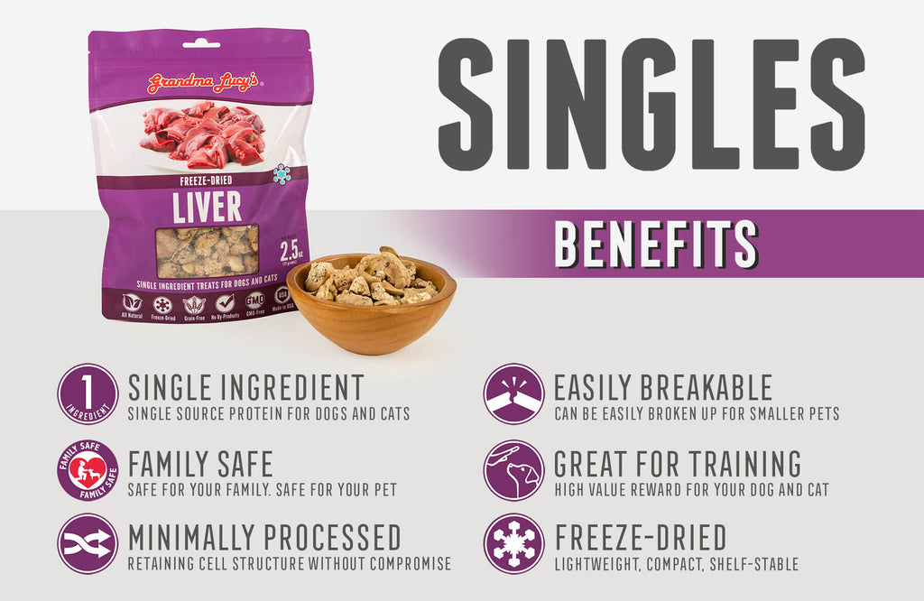 Singles Benefits: Single Ingredient, Family Safe, Minimally Processed, Easily Breakable, Great for Training, Freeze-Dried