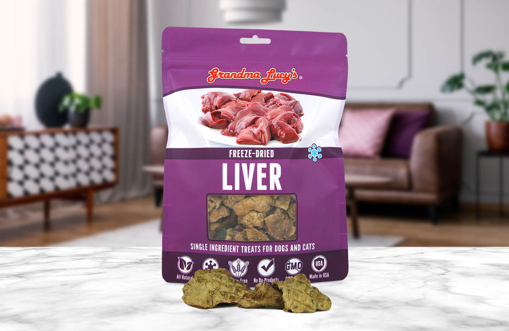 A package of Grandma Lucy's liver singles cat and dog treats on a white kitchen counter. 