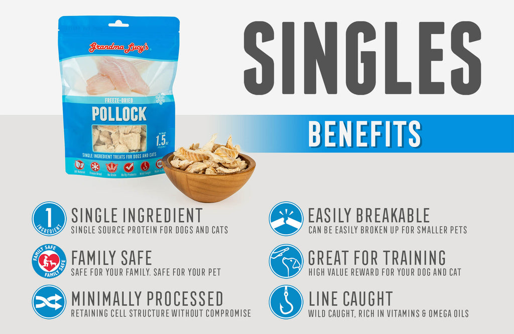 Singles Benefits: Single Ingredient, Family Safe, Minimally Processed, Easily Breakable, Great for Training, Line Caught 