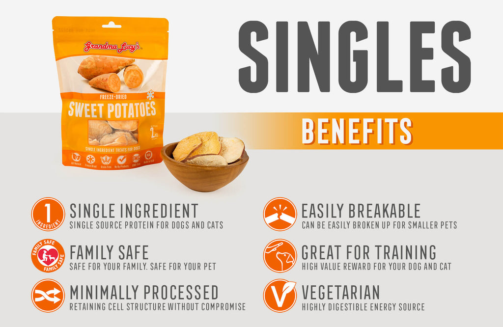 Singles - Sweet Potatoes benefits: Single Ingredient, Family Safe, Minimally Processed, Easily Breakable, Great for Training, Vegetarian